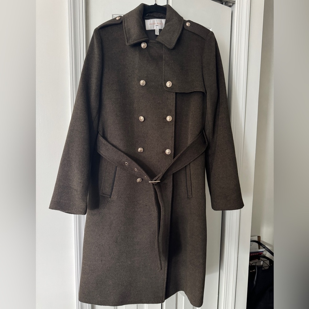 Gianni Feraud Green boxy fit military overcoat with black trims